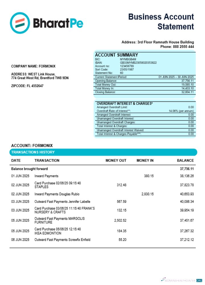 Download Bharatpe organization checking account statement Word and PDF template Photoshop template